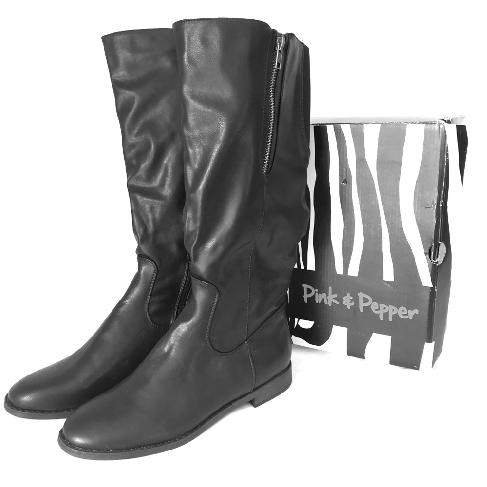 New In Box Pink & Pepper Black Knee Boots